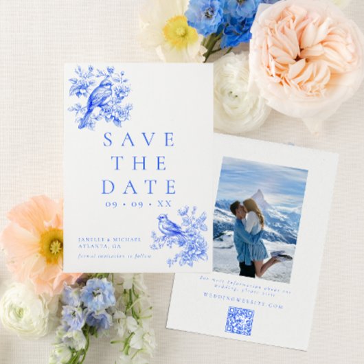 Tortelduifjes Blauw Chinoiserie QR Code Foto Huwel Save The Date
