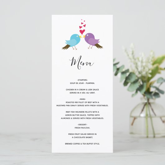 Tortelduifjes en harten bruiloft menu (Staand voorkant)