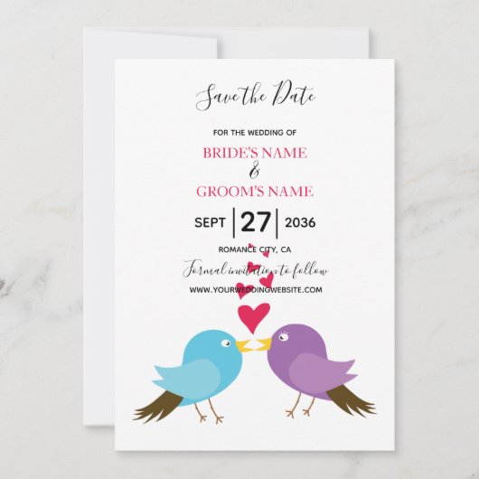 Tortelduifjes en harten die de datum opslaan save the date (Voorkant)