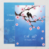Tortelduifjes en Sakura - Blauwe achtergrond Kaart (Voorkant / Achterkant)