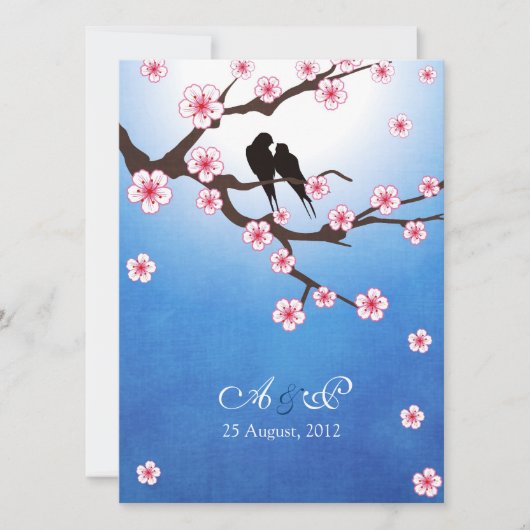 Tortelduifjes en Sakura - Blauwe achtergrond Kaart (Voorkant)