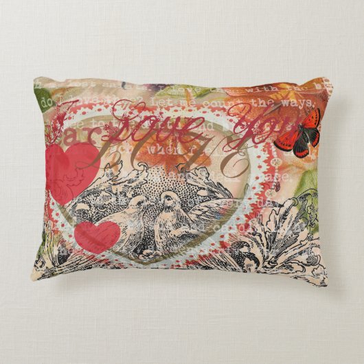 Tortelduifjes Hart Rode Kunst Collage Accent Kussen (Achterkant)