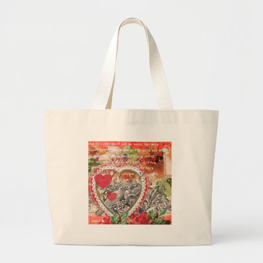 Tortelduifjes Hart Rode Kunst Collage Grote Tote Bag (Voorkant)