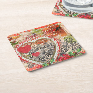 Tortelduifjes Hart Rode Kunst Collage Vierkante Kartonnen Onderzetter