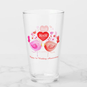 Tortelduifjes hart rood roze 1e Jubileum kunst Glas
