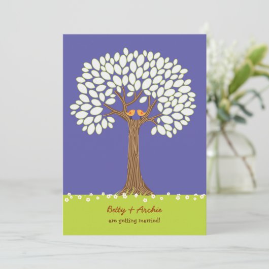 Tortelduifjes in een boom (nacht) bruiloft uitnodi kaart (Staand voorkant)