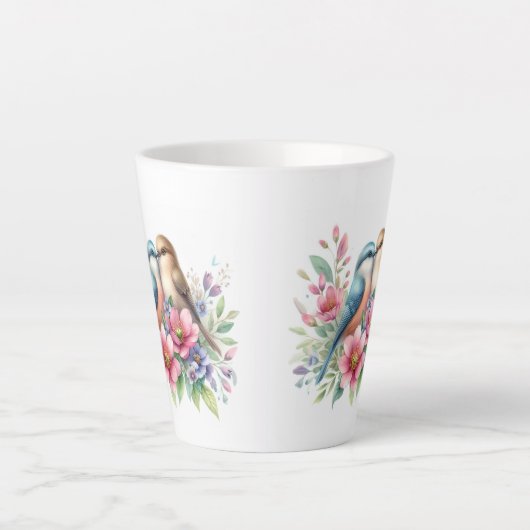 Tortelduifjes in lentebloemen latte mok (Voorkant)