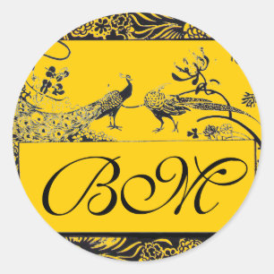 Tortelduifjes MONOGRAM zwart-wit geel Ronde Sticker