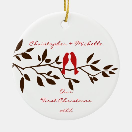 Tortelduifjes onze eerste kerstversiering keramisch ornament (Voorkant)