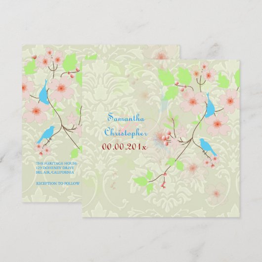 Tortelduifjes op ivoren damask Wedding Invitting Kaart (Voorkant / Achterkant)