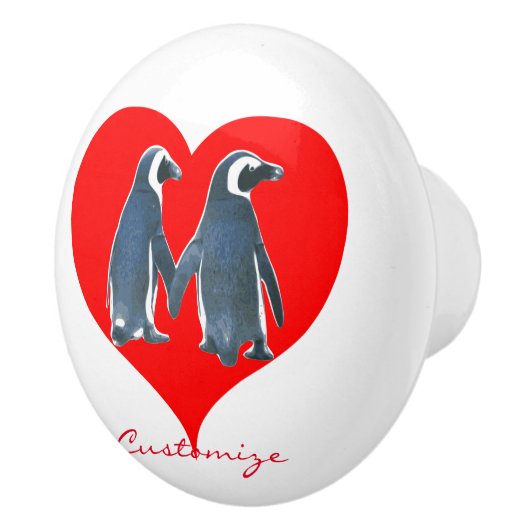 Tortelduifjes Penguin Couple Red Heart Thunder_Cov Keramische Knop (Rechts)