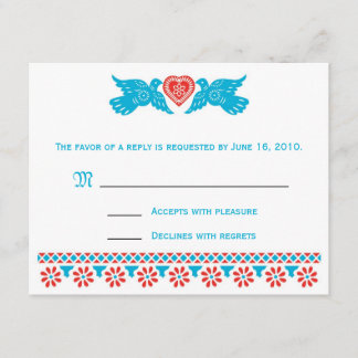 Tortelduifjes RSVP-kaart - rood en blauw RSVP Kaartje