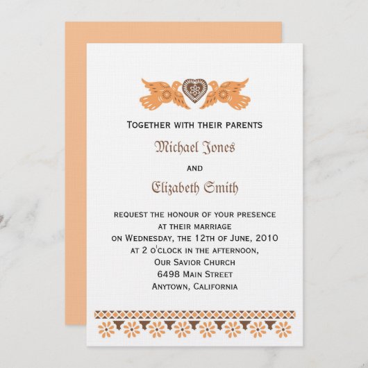 Tortelduifjes uitnodiging - Persimmon/bruin op lin (Voorkant / Achterkant)