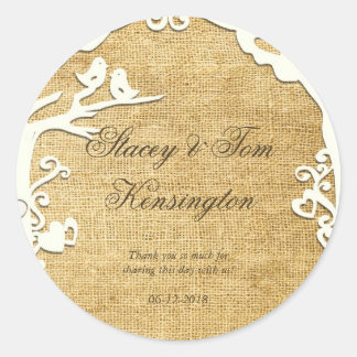 Tortelduifjes voor eeuwig op Burlap Ronde Sticker