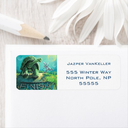 Tortoise en de Hare Finish Line Etiket (Insitu)