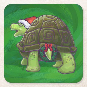 Tortoise in Santa Hat op groen Vierkante Kartonnen Onderzetter