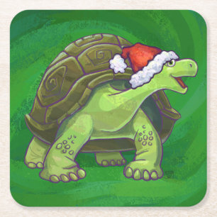 Tortoise in Santa Hat op groen Vierkante Kartonnen Onderzetter