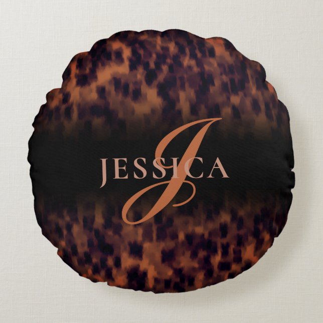 Tortoise Shell Pattern Animal Print Monogram Naam  Rond Kussen (Voorkant)