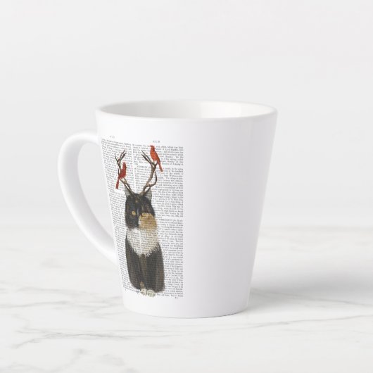 Tortoiseshel Kat met Antlers en Rode vogels Latte Mok (Linkerhoek)