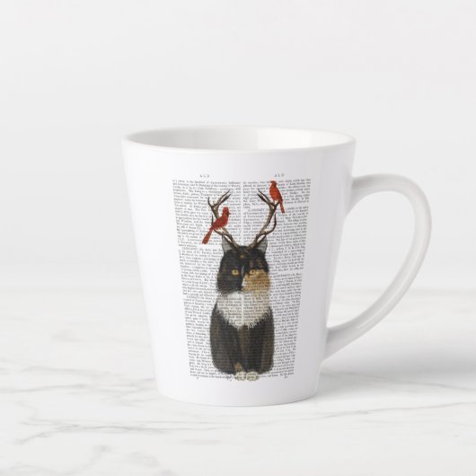 Tortoiseshel Kat met Antlers en Rode vogels Latte Mok (Rechts)