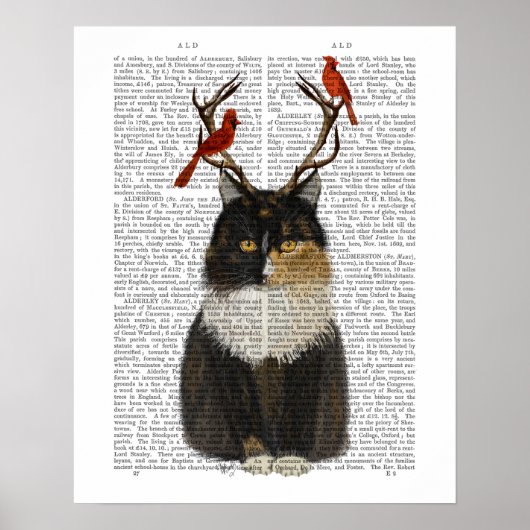 Tortoiseshel Kat met Antlers en Rode vogels Poster (Voorkant)