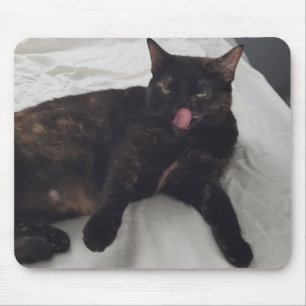 Tortoiseshell kat likken, tong uit, Muismatten