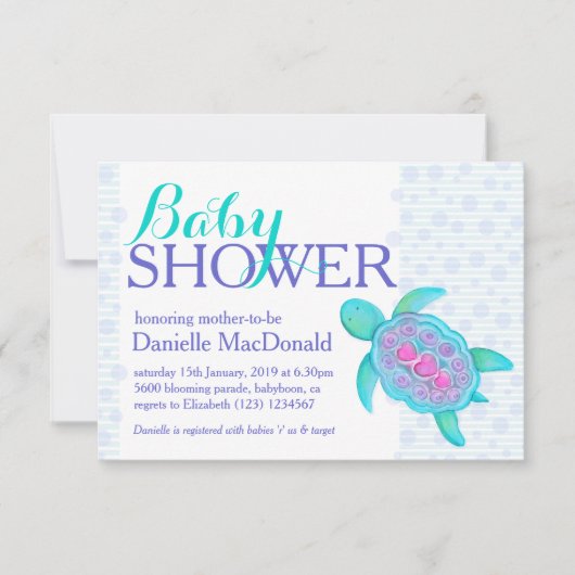 Tortue art baby shower aqua violette invitations (Devant)