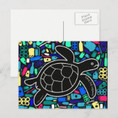 Tortue de mer avec carte postale de pollution plas (Devant / Derrière)