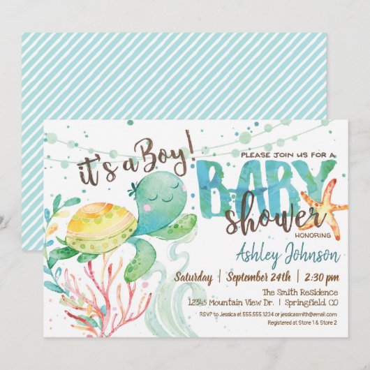 Tortue de mer, invitation Baby shower de mer, Garç (Devant / Derrière)