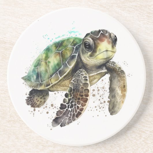 Tortue en Dessous de verre de grès aquarelle (Devant)