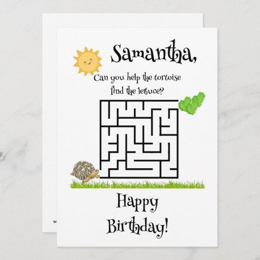 Tortue et laitue, cartes de labyrinthe d'anniversa (Devant / Derrière)