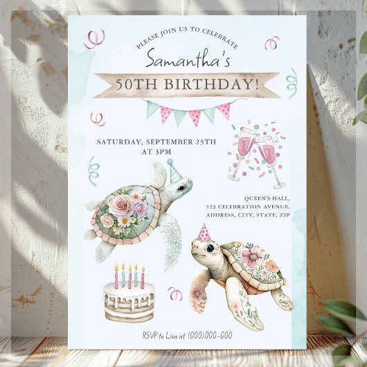 Tortue florale Invitation de fête d'anniversaire