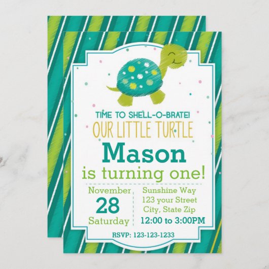Tortue rayée Invitation d'anniversaire (vert) (Devant / Derrière)