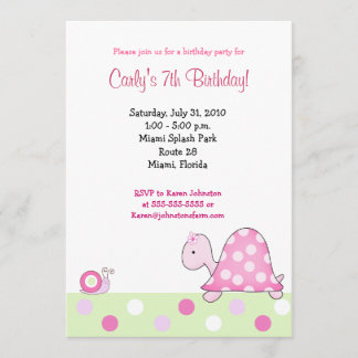 Tortue rose Lonnie 5x7 Filles Invitation d'anniver
