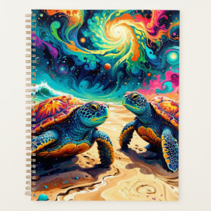 Tortues de mer colorées sous un ciel cosmique