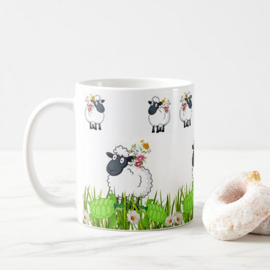Tortues vertes moutons Mug florale (Avec donut)