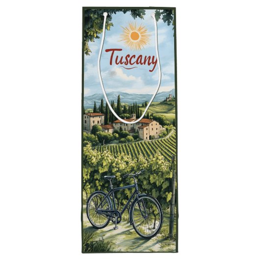 Toscaans landschap met wijngaarden en een fiets wijn cadeautas (Achterkant)