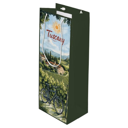Toscaans landschap met wijngaarden en een fiets wijn cadeautas (Voorkant Gekanteld)