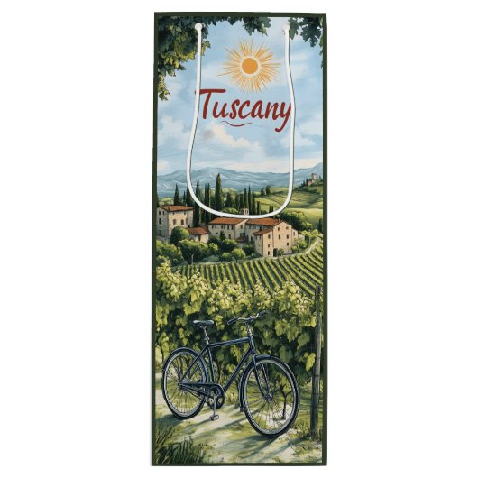 Toscaans landschap met wijngaarden en een fiets wijn cadeautas (Voorkant)