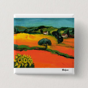 TOSCAANS LANDSCHAP MET ZONNEBLOEMEN VIERKANTE BUTTON 5,1 CM