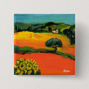 TOSCAANS LANDSCHAP MET ZONNEBLOEMEN VIERKANTE BUTTON 5,1 CM