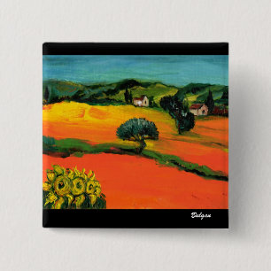 TOSCAANS LANDSCHAP MET ZONNEBLOEMEN VIERKANTE BUTTON 5,1 CM