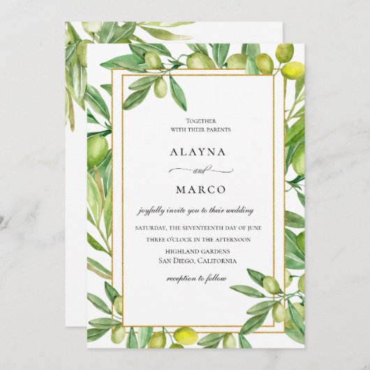 Toscaanse Olijf Goud Lijst bruiloft uitnodiging (Voorkant / Achterkant)