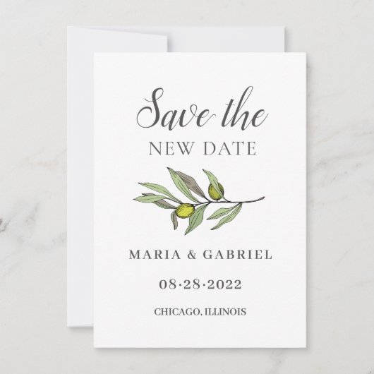 Toscaanse olijftak. Botanische bruiloft veranderin Save The Date (Voorkant)