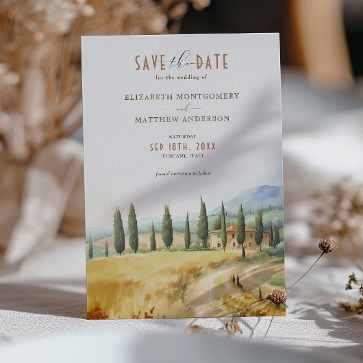 Toscaanse sereniteit Save the Date Italiaanse plat Kaart