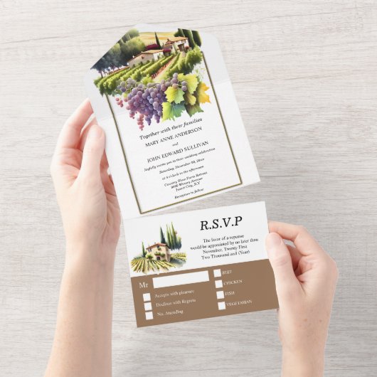 Toscaanse waterverf bruiloft wijngaard Toscaanse v All In One Uitnodiging (Afscheurbaar)