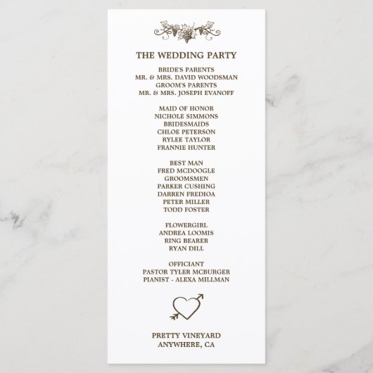 Toscaanse  wijnmakerij Wijngaard Wedding Programma (Achterkant)