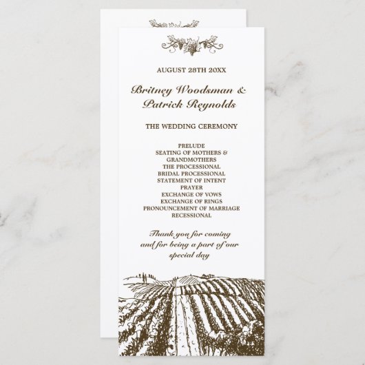 Toscaanse  wijnmakerij Wijngaard Wedding Programma (Voorkant / Achterkant)