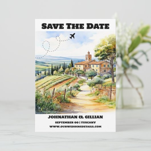 Toscane bestemming bruiloft save the date modern (Staand voorkant)
