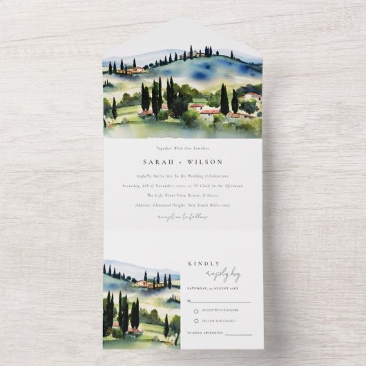 Toscane Italië Waterverf Landschap Weddenschap All In One Uitnodiging (Binnen)
